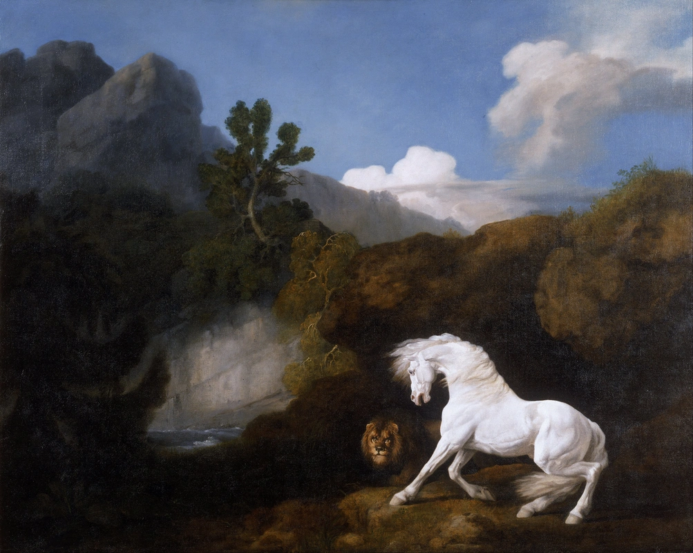 конь, лев, природа, лес, холмы, голубые, белые, коричневые, картина, живопись