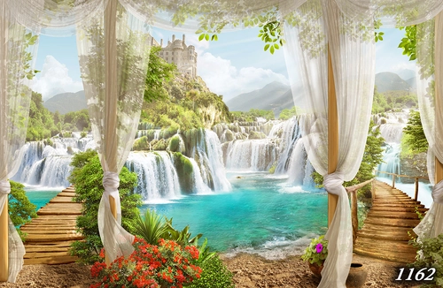 фонтан, шторы, замок, горы, гора, озеро, пруд, море, мост, мостик, зелень, растительность, бежевые, голубые, зеленые